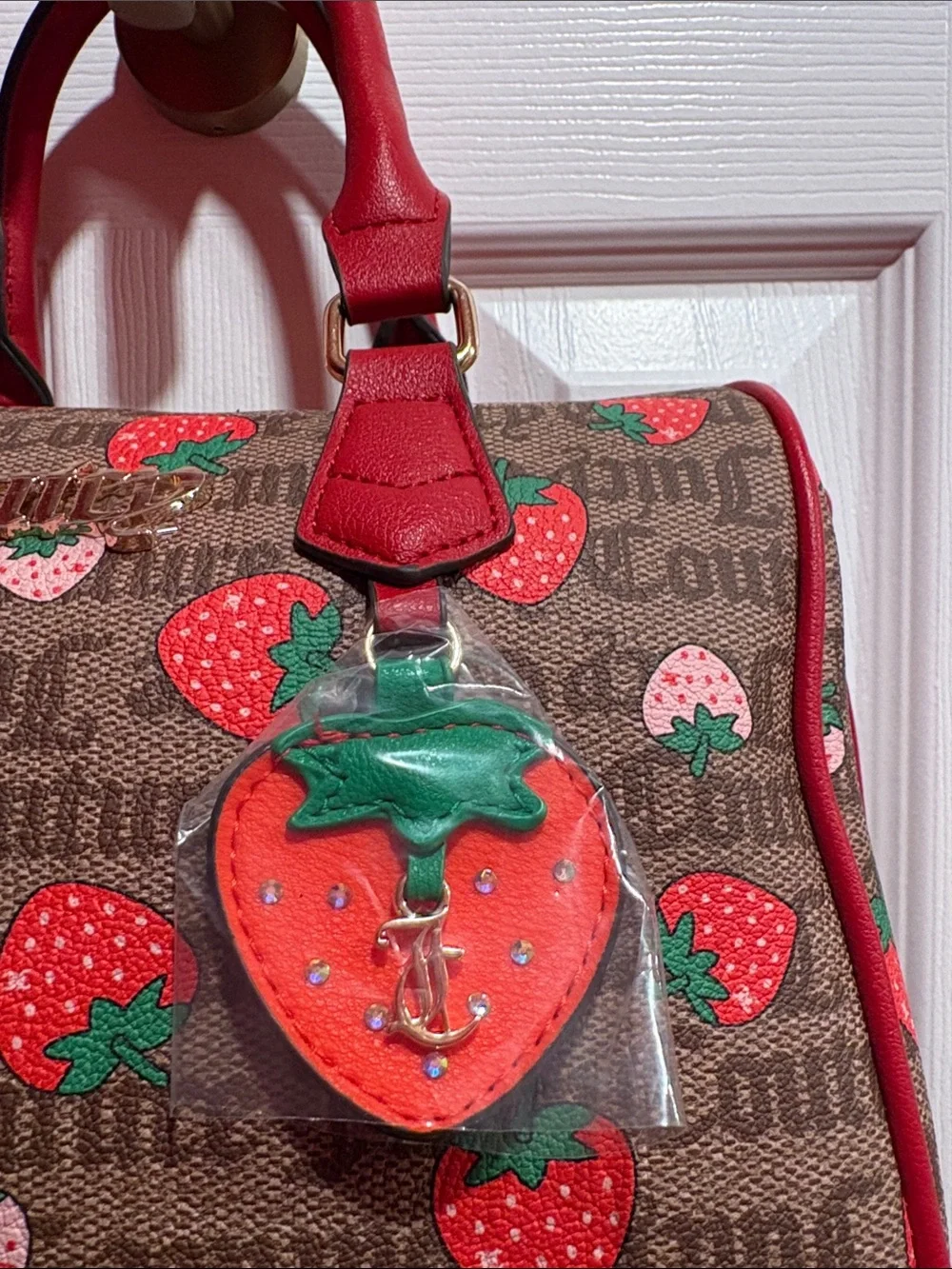 BNWT JUICY COUTURE Brown Logo Satchel with Red Strawberry Print